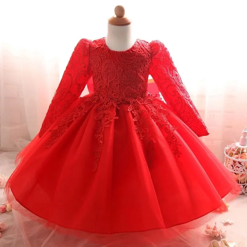 Baby Girl Princess Lace Dress Bow Long Sleeve Child Vintage Vestido Floral Lace Party Pageant Birthday Xmas Baby Clothes 1-14Y