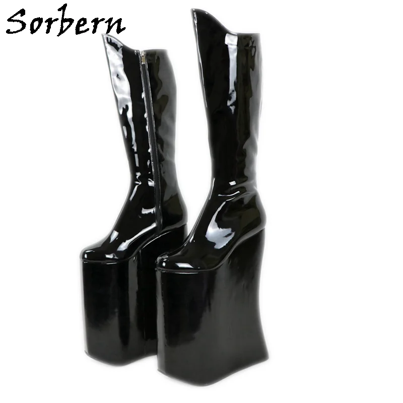 

Sorbern Knee Drag Queen Style Boot Patent Black Leather Punitive Wedges High Heel Shoes 15Cm To 40Cm Crossdreser Boots Custom