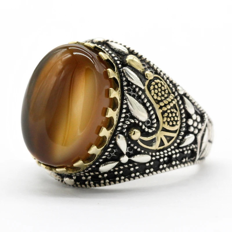 Türkiye Handmade Ring s925 Sterling Silver Vintage Fashion Natural Brown Ocean Agate Religious Muslim Islamic Men\'s Jewelry Gift