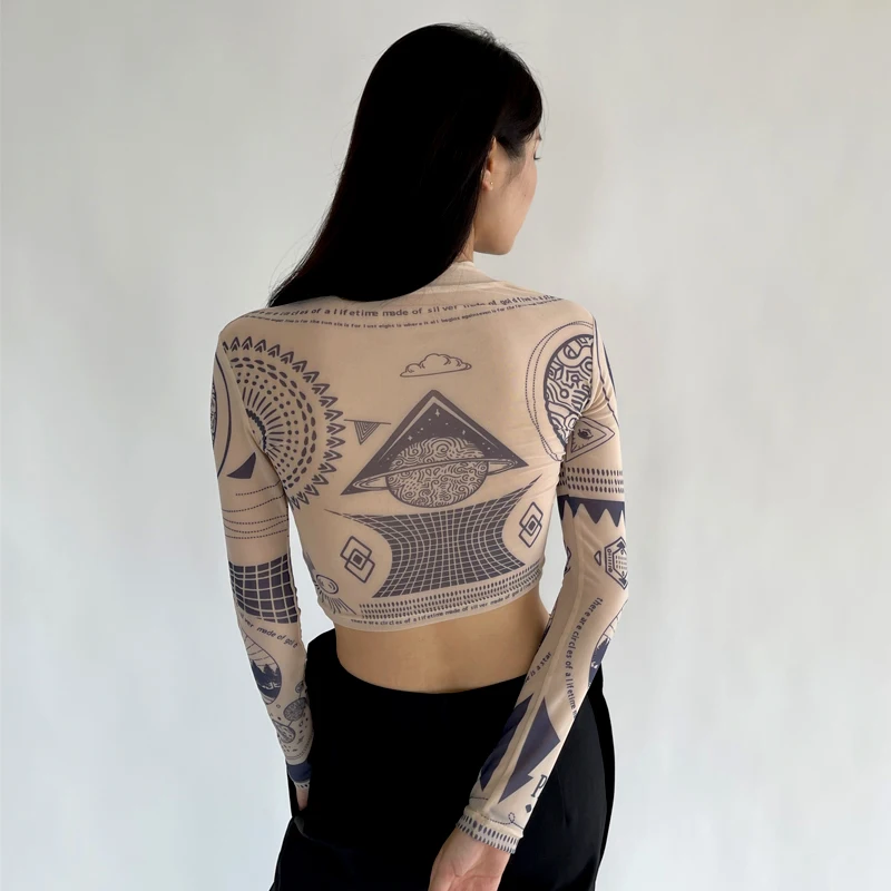 TROPICON Tattoo Mesh Crop Top Long Sleeve Tees Graphic T Shirts Women See Through High Fashion Top Aesthetic Bodycon Tshirt