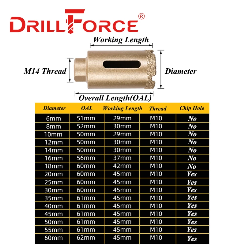 Drillforce 1 قطعة 6-60 مللي متر M10 الموضوع الجاف فراغ النحاس الماس الحفر الأساسية بت سيراميك هول المنشار الجرانيت الرخام لقمة ثقب