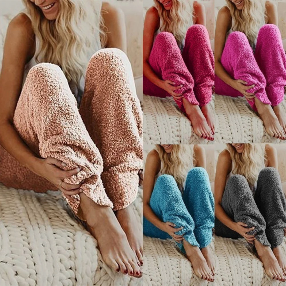 Winter Warm Fleece Pajama Long Pants Women Solid Color Loungewear Nightwear