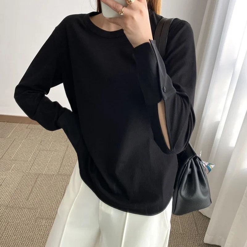 

Chic White T-shirt Women Original Design Casual O Neck Jersey Thick Long Sleeve Tees Lady Black White Tops Lady Loose tshirts