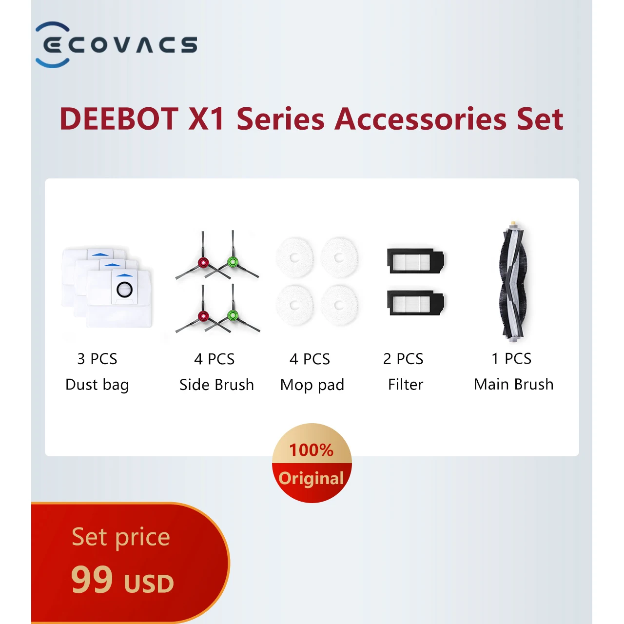 100% Original ECOVACS Deebot X1 OMNI / X1 TURBO Vacuum Cleaner Accessories Main Brush,Side brush, Filter,Dust bag，Mop pad.