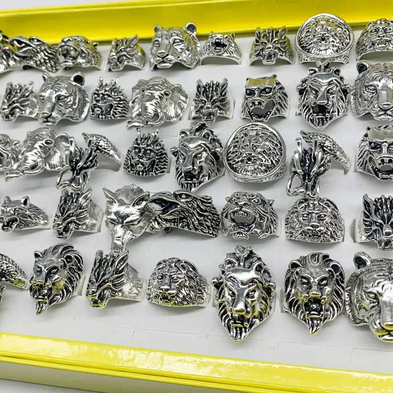 

Wholesale 20pcs/Lot Biker Snake Owl Dragon Wolf Elephant Tiger Etc Animal Style Antique Vintage Jewelry Punk Rings for Men Women