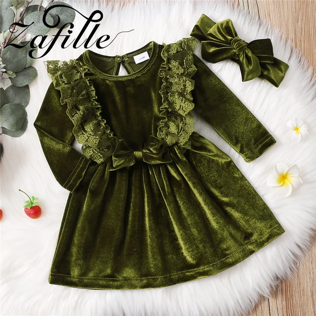 ZAFILLE Green Velvet Baby Girls Dress Flying Sleeve Kids Toddler Girls Romper Princess Dresses For Girls Solid Children Clothing AliExpress
