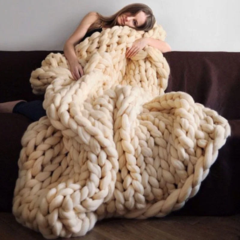 

Hand Chenille Knitted Wool Blanket Thick Yarn Sofa Quilt Office Wearable Comforter Winter Blankets Drop Shipping