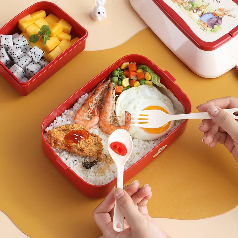 850ml Kids Food Storage Box Portable Lunchbox 2 Layer Microwave Bento Box Movable Fruit Container With Cutlery