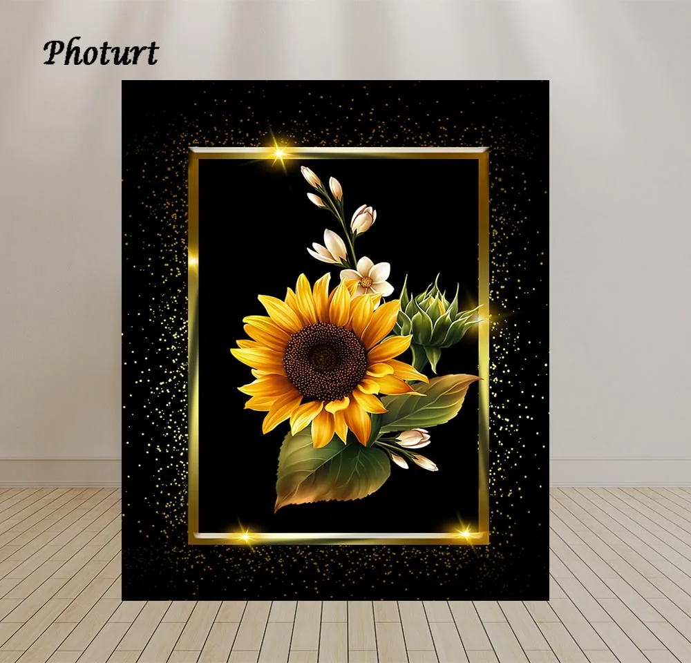 PHOTURT Sunflower Backdrop Birthday Wedding Background Black Golden Polyester Vinyl Professional Photography Decorate Props