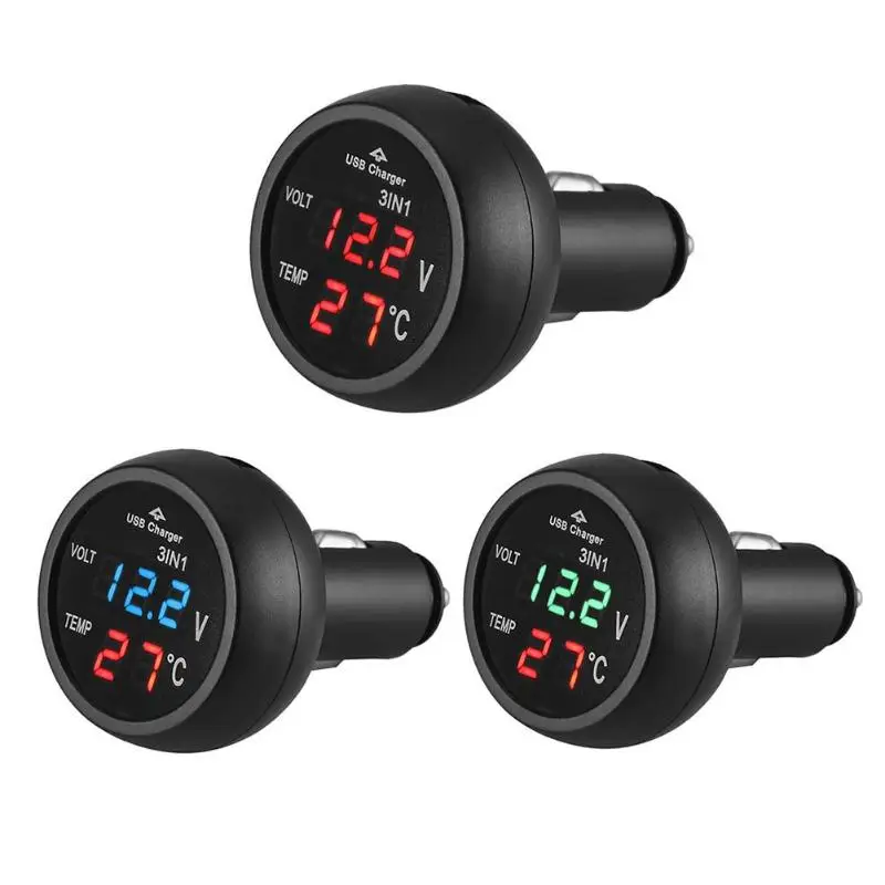 12V/24V Car Voltage Meter Monitor 3 in 1 LED USB Car Charger Voltmeter Thermometer Car Battery Monitor LCD Digital Dual Display