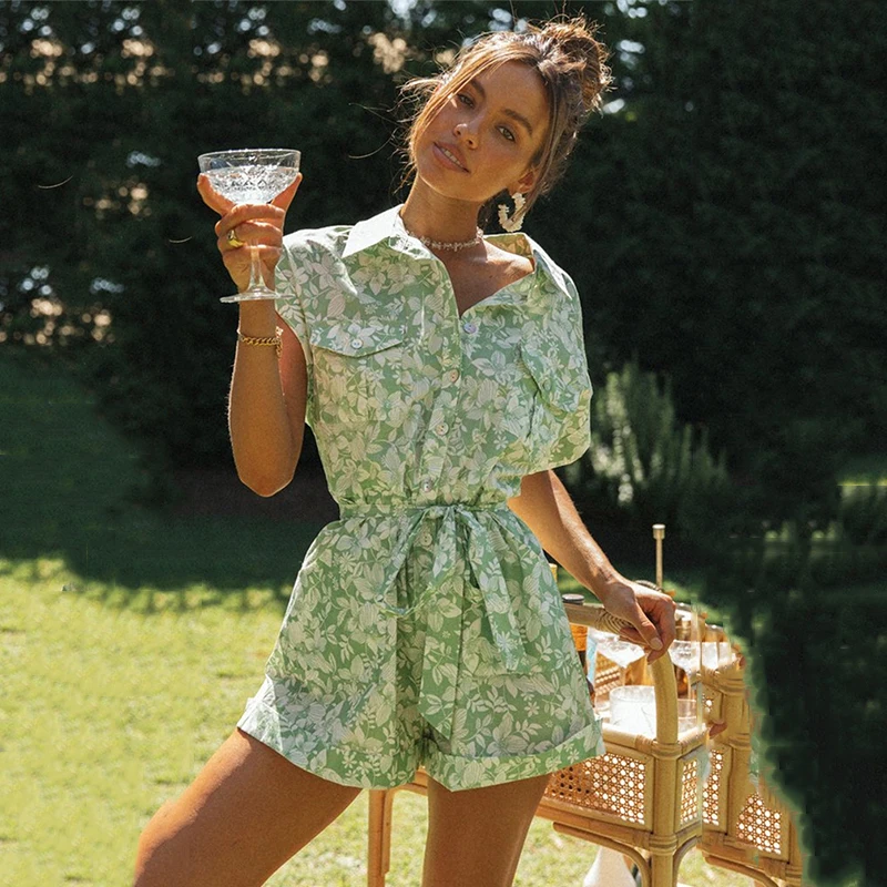 Ardm Fahion V Neck With Button Floral Print Jumpsuit Women Summer 2021 Lace Up Short Sleeve Pockets Playsuit Casual Rompers