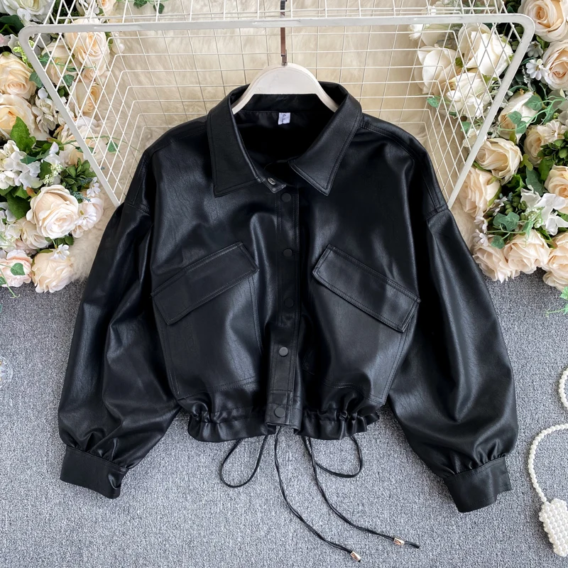 Vintage BF Style Casual Loose PU Leather Jacket Coat Women\'s Street Style Drawstring Large Pocket Slim Short Motorcycle Jacket