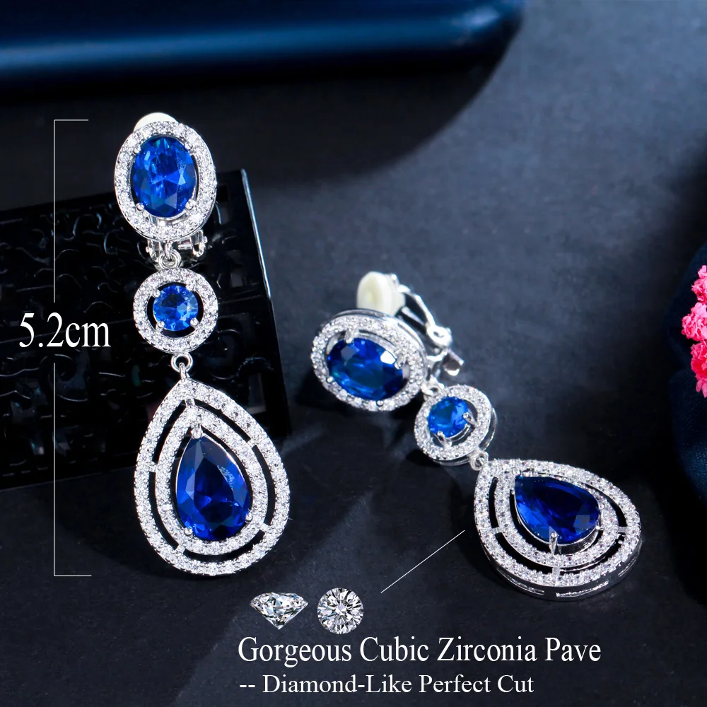 CWWZircons Hochwertige Damen-Ohrringe mit roten Zirkonia-Steinen für Hochzeiten, Partys und Kostüme, lange Tropfenform, zum Anklipsen, ohne Ohrloch, EJ0017 – Detail 2