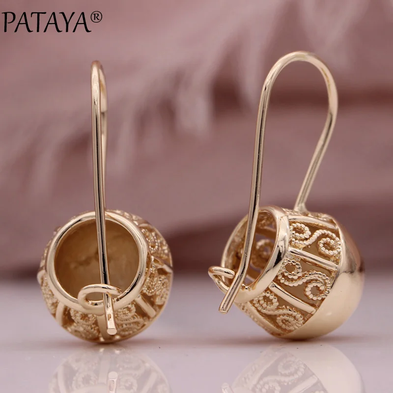 PATAYA New Hollow Spherical Long Earrings Women Glossy Dangle Earrings 585 Rose Gold Color Wedding Unique Fine Fashion Jewelry