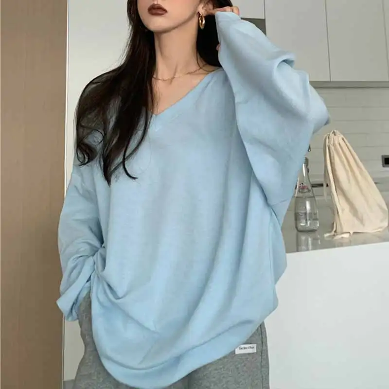 Women Base Top Oversize Long-Sleeve T-Shirt 2024 Autumn Clothes Casual Loose Blouse Ladies Thin V-Neck Long Tops Female Clothing