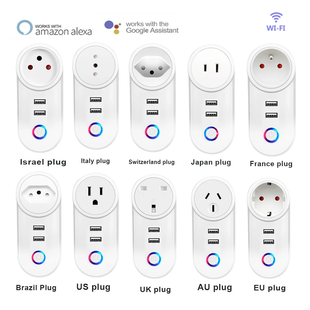 US EU UK AU Israel Brazil WIFI Smart Socket Mobile Plug dengan USB Charging Remote Control Timer Support Alexa Google 10A 16A