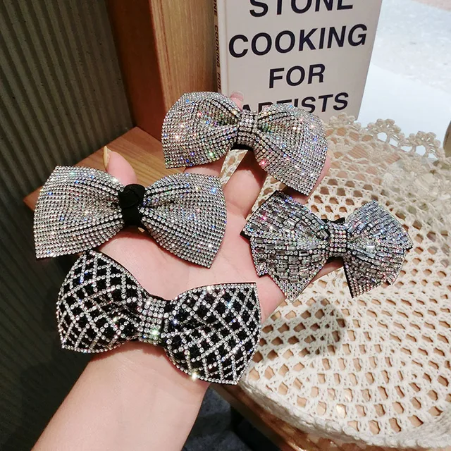 Nowe kryształowe cekiny kokardka spinki do włosów szpilki dla kobiet czarne błyszczące Rhinestone spinki do włosów diamentowa impreza biżuteria spinki do włosów Barrettes
