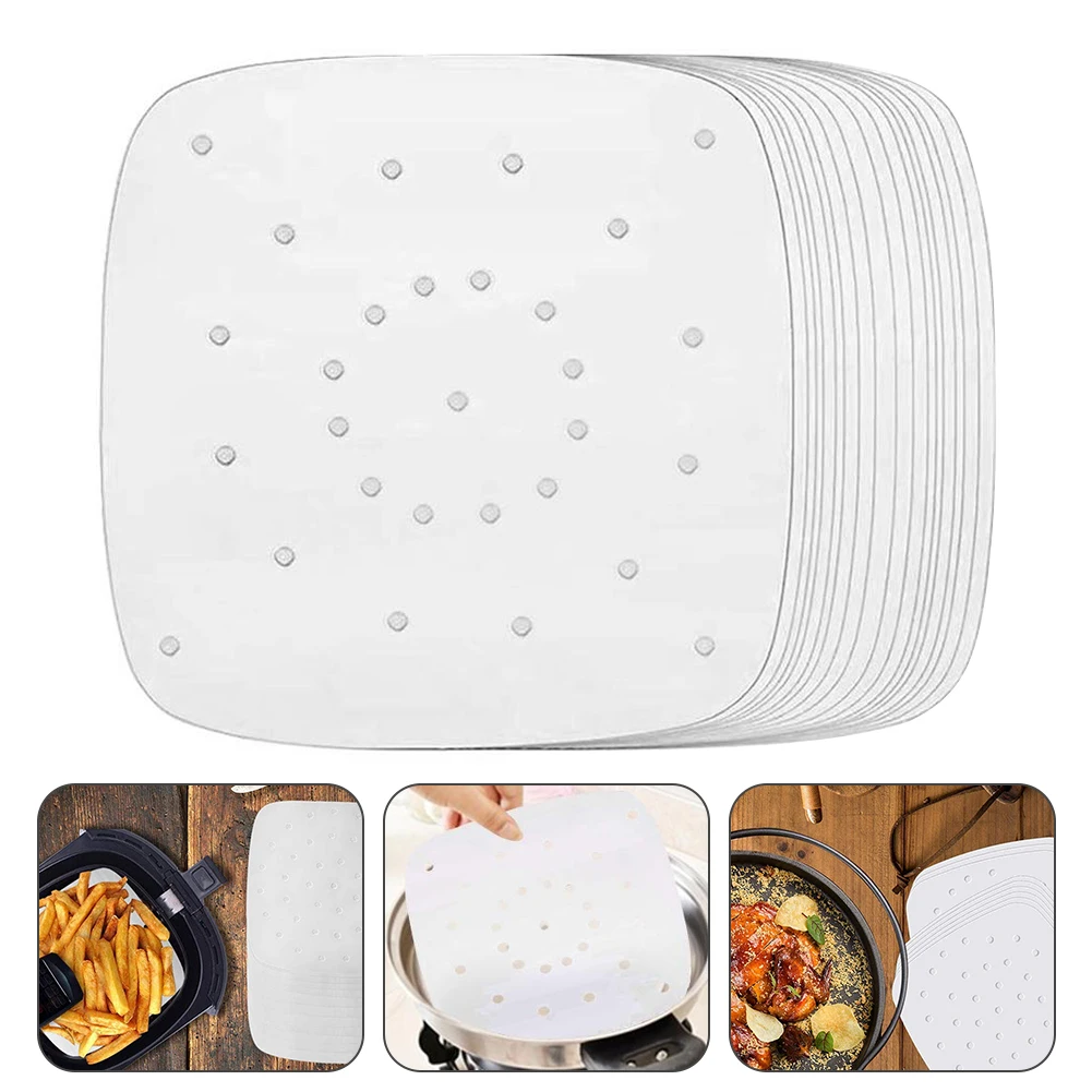 100pcs Air Fryer Liners Perforated Non-stick Mat Steaming Baking Cooking White Pot Oil Paper Accessories Basket Mat Baking Tools