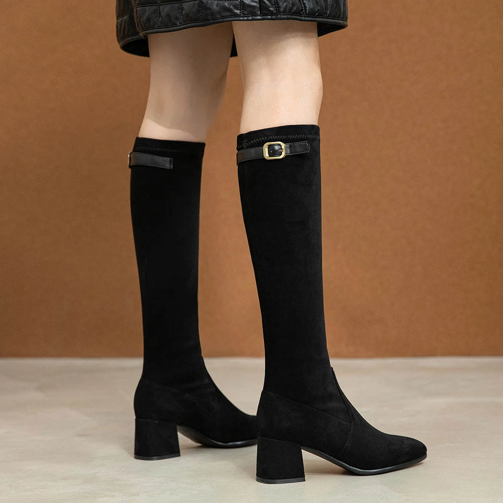 Size 32-43 Knee High Boot Ladies Stretch Boots Autumn Winter Fashion Block Heels metal button Women Comfortable Boots 2022 New