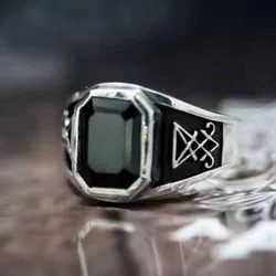Vintage Gothic Lucifer Seal of Satan Signet Rings Punk Stainless Steel Seal Rings With Black Stone Pagan Jewelry Party Man Gift