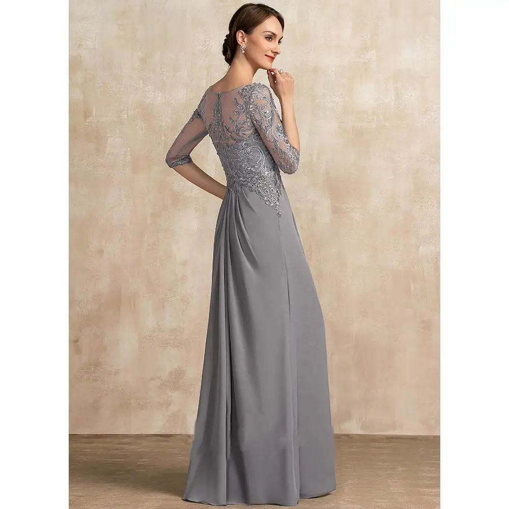 Silver Grey Mother of the Bride Dress O-Neck Half Sleeve Lace Applique A-Line Chiffon Ruched Wedding Ceremony Prom Evening Gowns