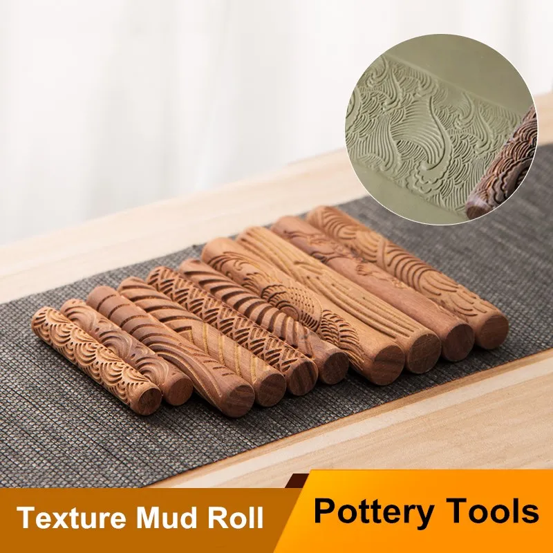 10 Pcs Ceramic Texture Mud Roller Wooden Dragon/phoenix Pattern Relief Hand Pressure Roller Polymer Clay Modeling Pottery Tools