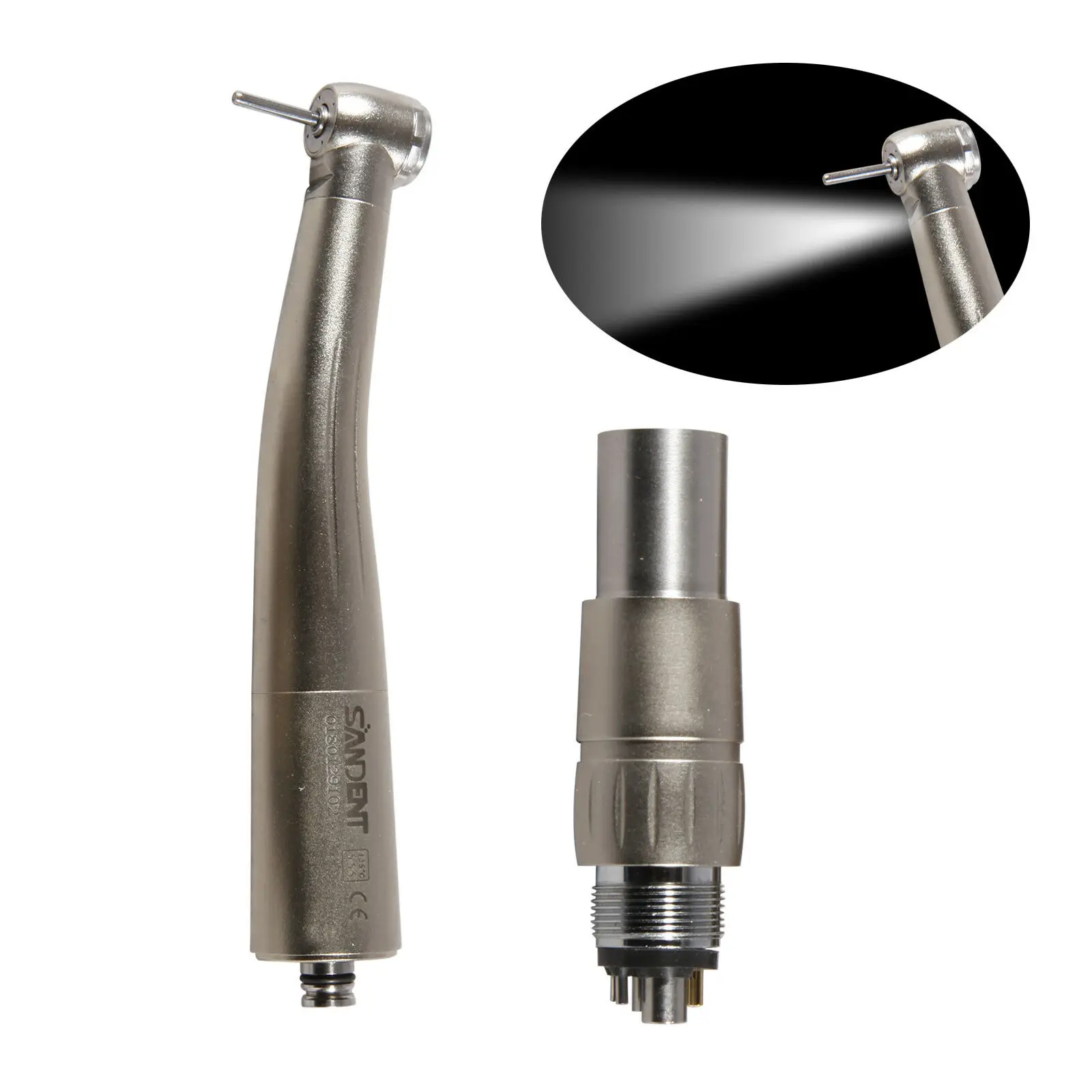 

NSK Style Dental Fiber Optic LED High Speed Handpiece 4-Way Water Spray Push Button Turbine with 6 Hole Quick Coupler