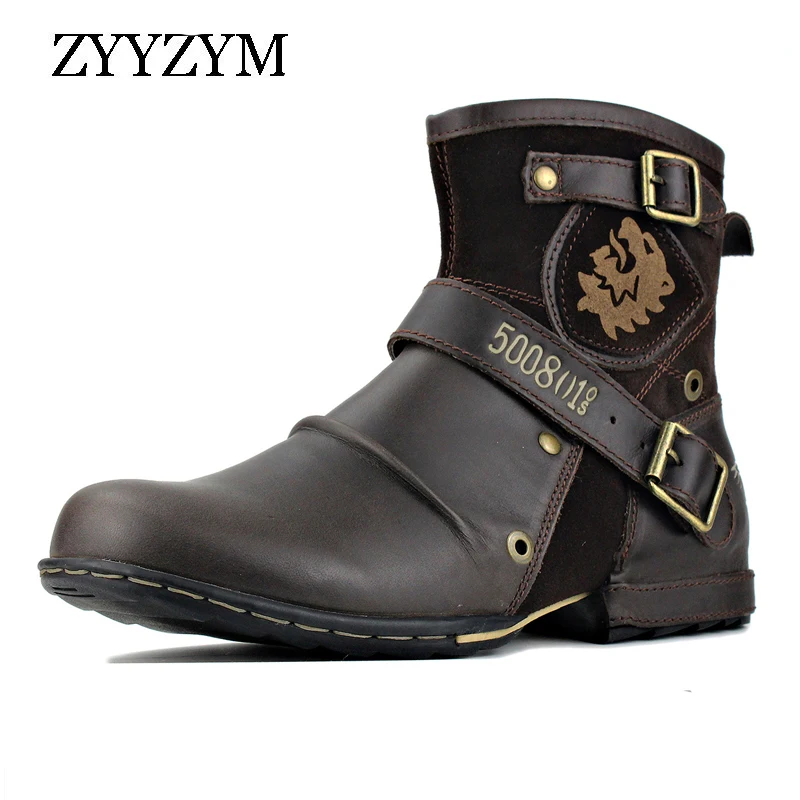 Spring Autumn Men\'s Boots Round Head Retro Metal Buckle Side Zipper Large Size EUR 38-48