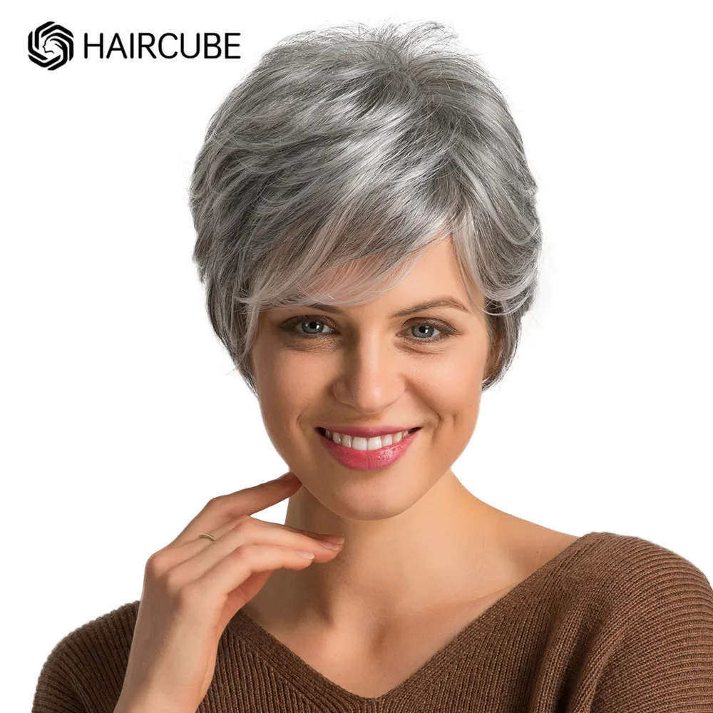 HAIRCUBE Short Gray Hair Wig with Bangs Silver Ash Pixie Wigs for Women Synthetic Wigs Mixed With Human Hair High Temperature