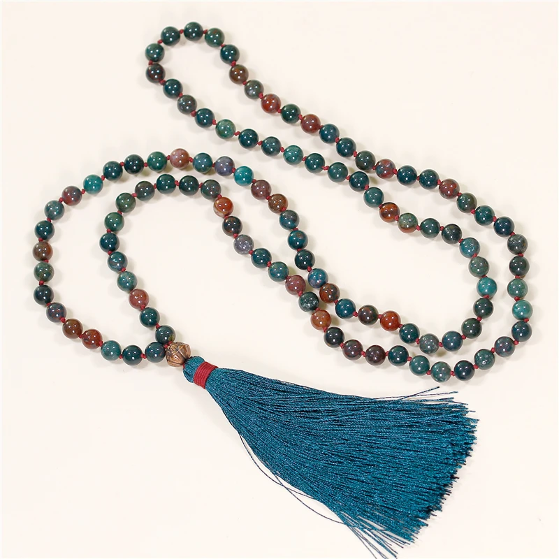 

Blood Stone Beaded 108 Mala Necklace Yoga Meditation Necklace with Long Tassel Knotted Lotus Necklace Fine Jewelry Dropshipping