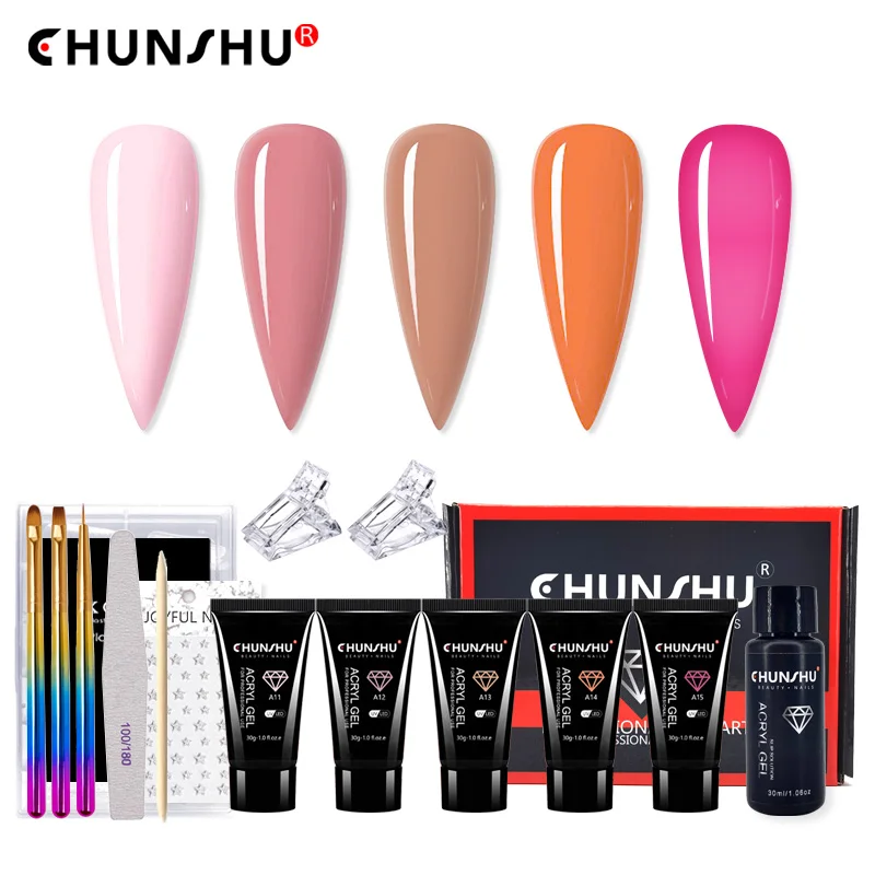 CHUNSHU Poly Extension Gel Nail Kit With Nail Tips and Brush 30ml Glitter Acrylic Gel Nails Art Semi Permanent Quickly Building