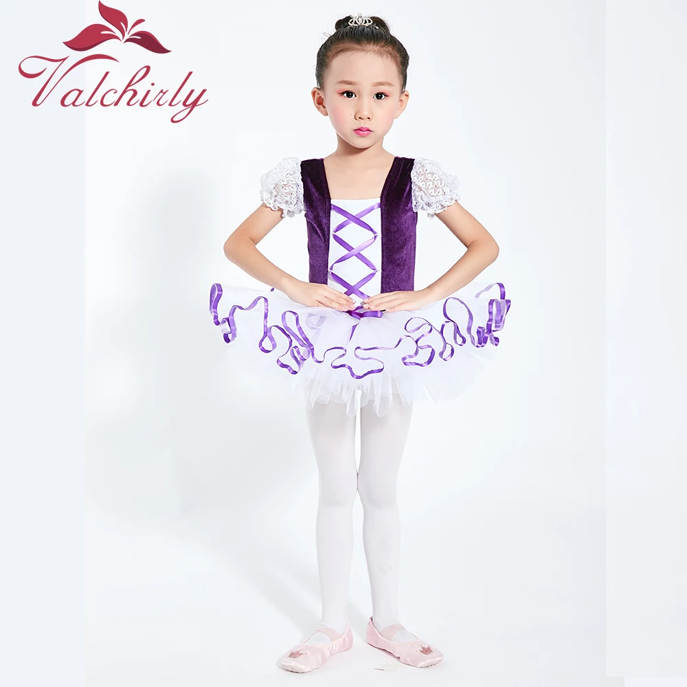 Girls  Ballet Tutu Dress Velvet Body Ribbon Mesh Skirt Short Puff Sleeves Kids Dance Gymnastics Leotard Costumes