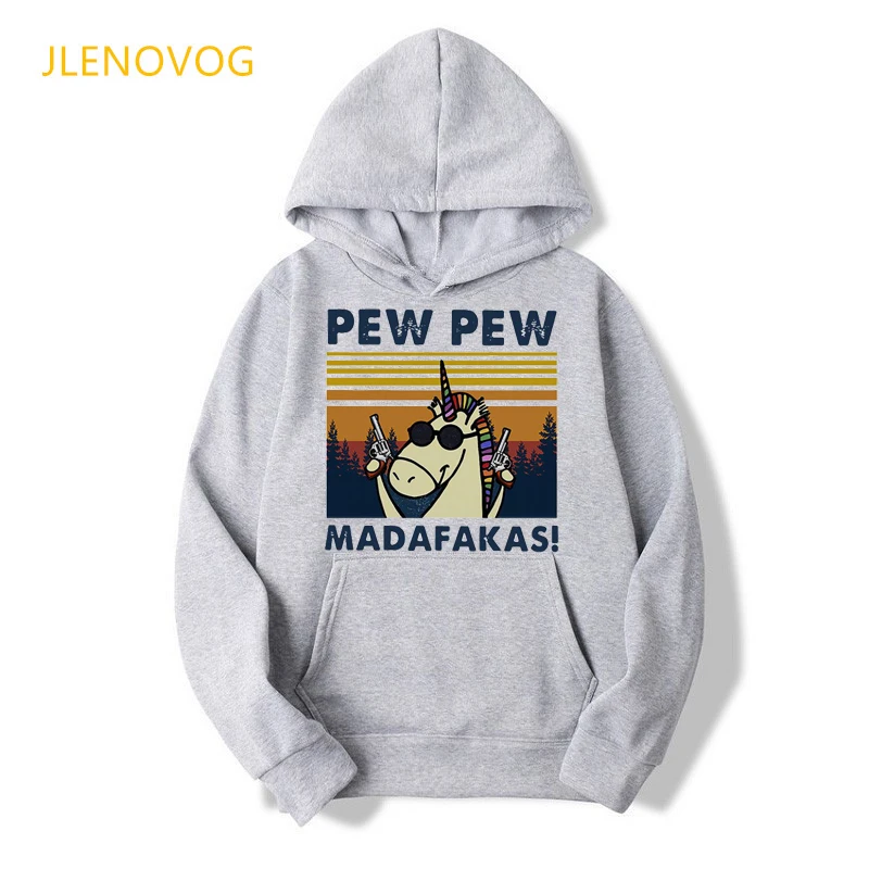 Funny Pew Pew Madafakas Unisex Gray Hoodies Women/Men Cat/Dog/Unicorn/Penguin/Duck With Gun Sweatshirt Femme Streetwear Clothes