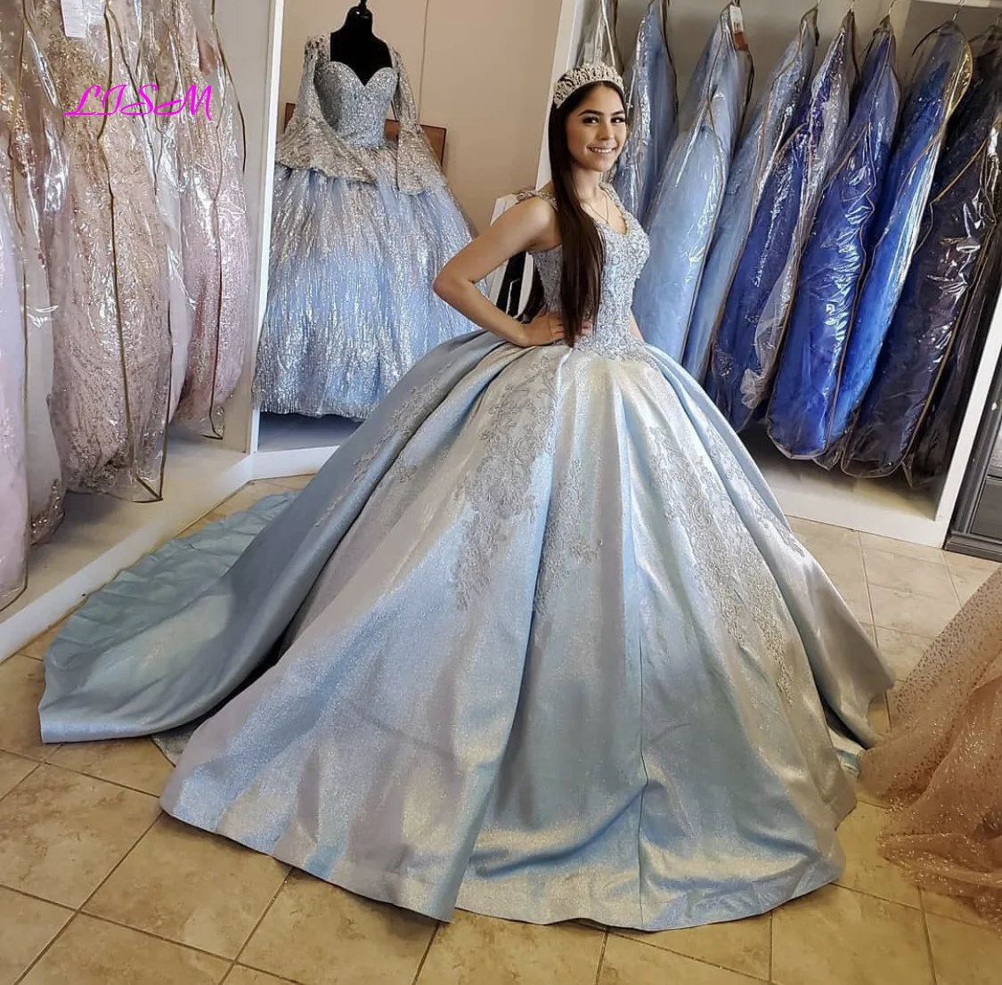 Licht Blau Quinceanera Kleid 2021 V-ausschnitt Pailletten Perlen Spitze Backless Partei Prinzessin Süße 16 Ballkleid Vestidos De 15 Años