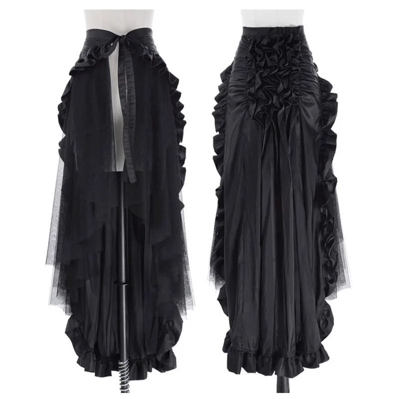 chic women pleated high low skirt Victorian Steampunk Gothic Punk Ruffled Bustle Long Skirt Retro Lace up club party falda larga