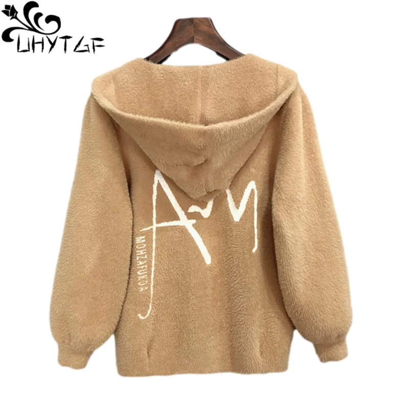 UHYTGF Women\'s Sweaters Faux Mink Fleece Knitted Autumn Winter Tops Coat Fashion Hooded Cardigan Female Loose Short Jacket 1395