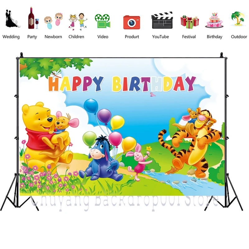 Disney Winnie the Pooh Blue Sky Garden Flowers Castles Cartoon Photography Background Kids Birthday Celebration Decor Backdrops