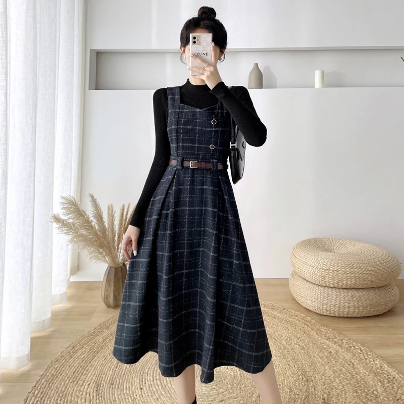 

Office Lady Suit Women Autumn Winter Orange O Neck Solid Knitted Sweater+High Waist A Line Plaid Woolen Long Skirt 2 Piece Set