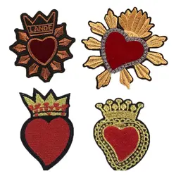 1Piece Gold Crown Red Love Heart Applique Embroidery Patch for Clothing Cute Motif Iron on Patches DIY Badge Garment Decoration