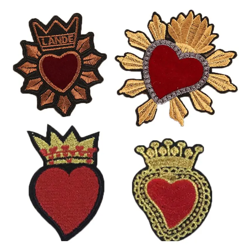 1Piece Gold Crown Red Love Heart Applique Embroidery Patch for Clothing Cute Motif Iron on Patches DIY Badge Garment Decoration