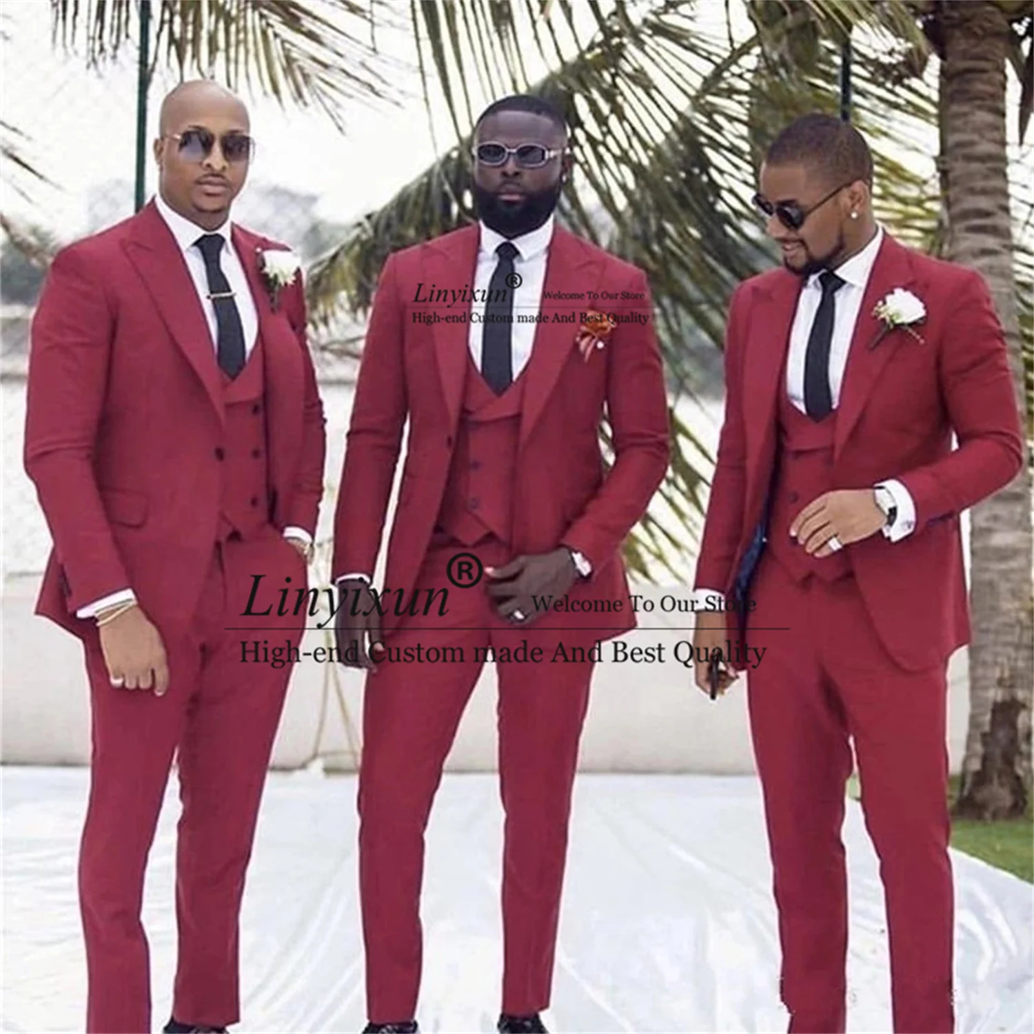 

Fashion Wine Red Groom Tuxedos Slim Fit Party Prom Mens Suits For Groomsmen 3 Pieces Bridegroom Blazer Masculino Costume Homme