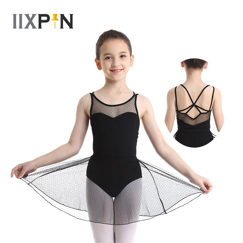 IIXPIN meninas collant de balé vestido de Crianças Sem Mangas Splice Criss cross-Back Ballet Dança Ginástica Leotard com Saia De Malha Roupa