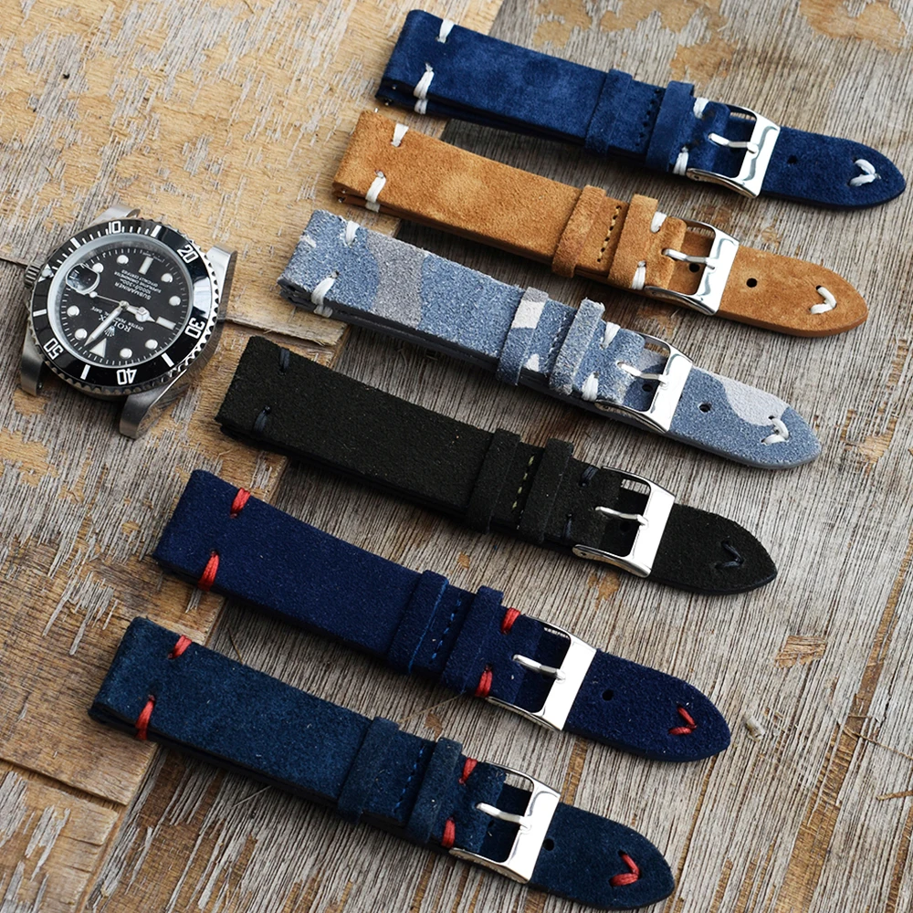 High Quality Vintage Suede Leather Watch Straps Blue Watch Bands Replacement Strap for Watch Accessories 18mm 20mm 22mm 24mm