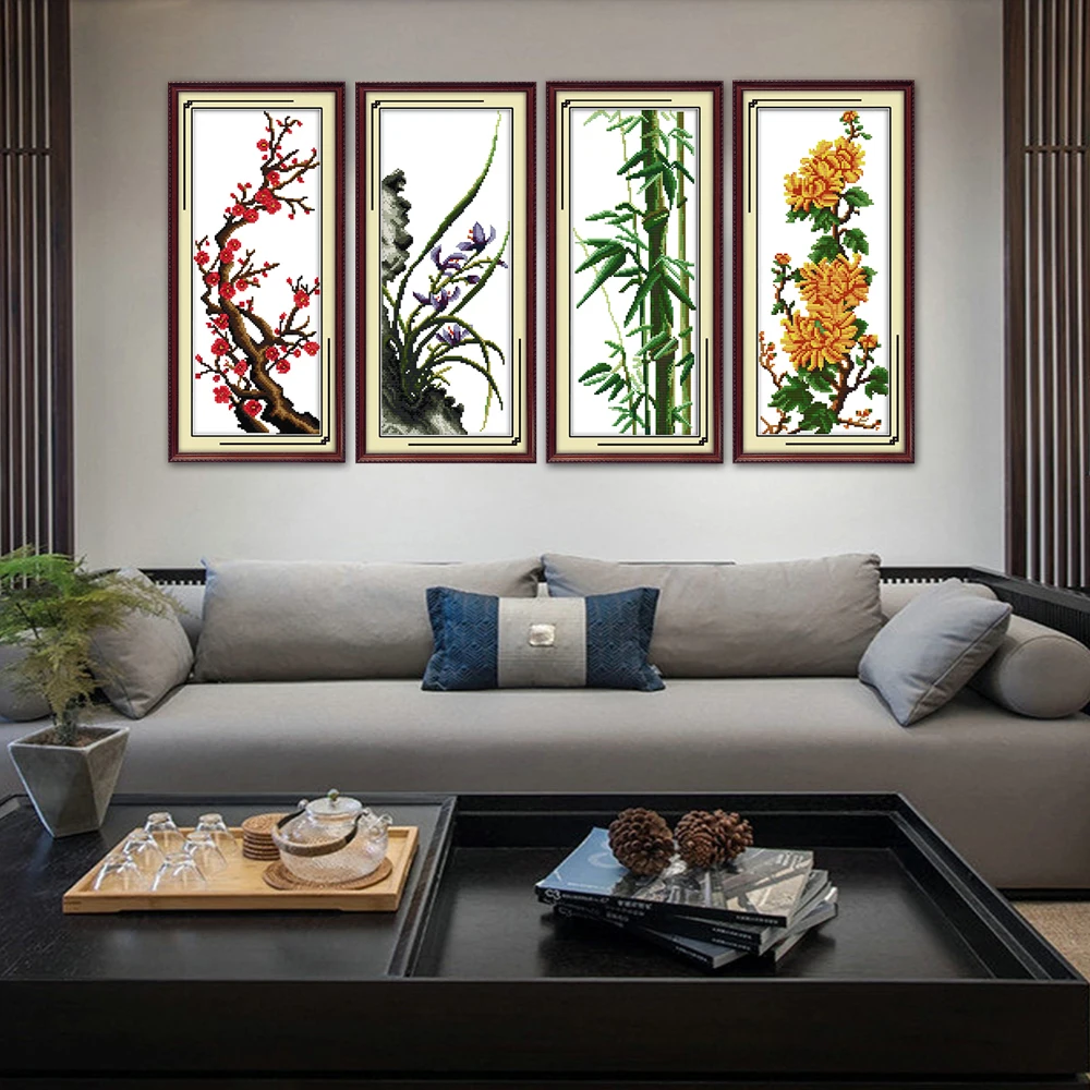 Chinese Cross Stitch Kit for Embroidery, Plum Flower, Orchid, Bamboo, Chrysanthemum, H068, H069, H070, H071(1)