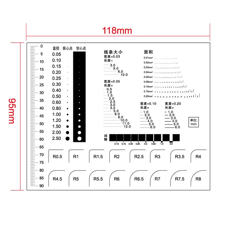 118X95มม.จุดวัดคราบการ์ดฟิล์มCaliperการ์ดความคมชัดข้อบกพร่องตรวจสอบวัดพื้นที่รอยขีดข่วนกลมเส้น