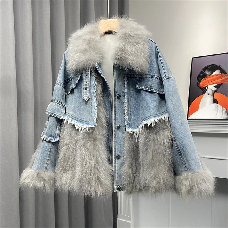 2023 Winter New Patchwork Fur Denim Parka for Women Fashion Chic Genuine Raccoon Fur Coat Lady Short Furry Jacket High Quality