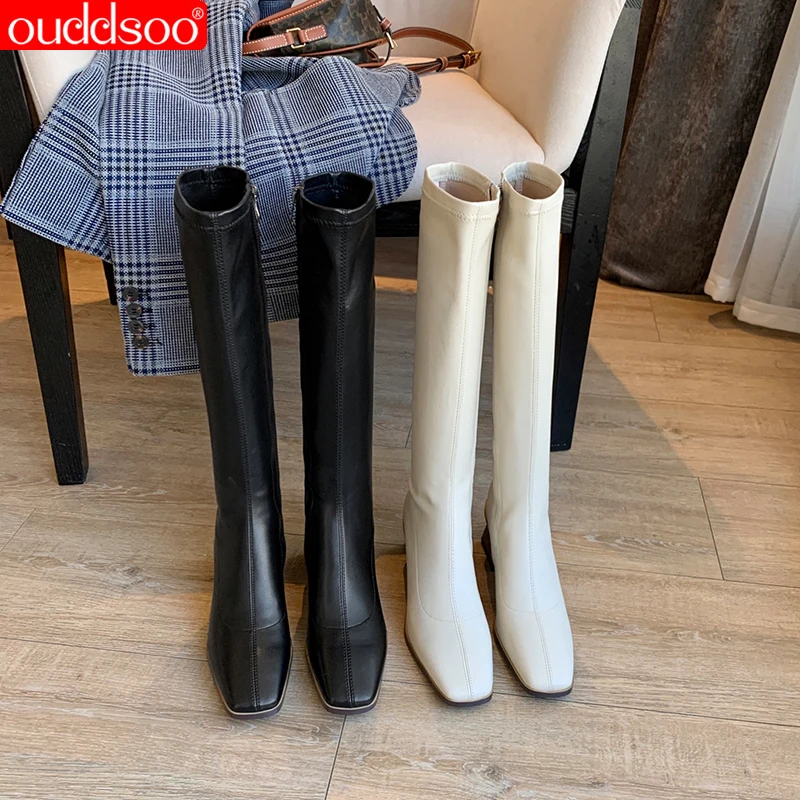 Ods 2024 New Real Leather Mid Heel Knee-high Boots Women Riding Boots Shoes Square Toe Chunky Heels Zip Long Boots Autumn Winter