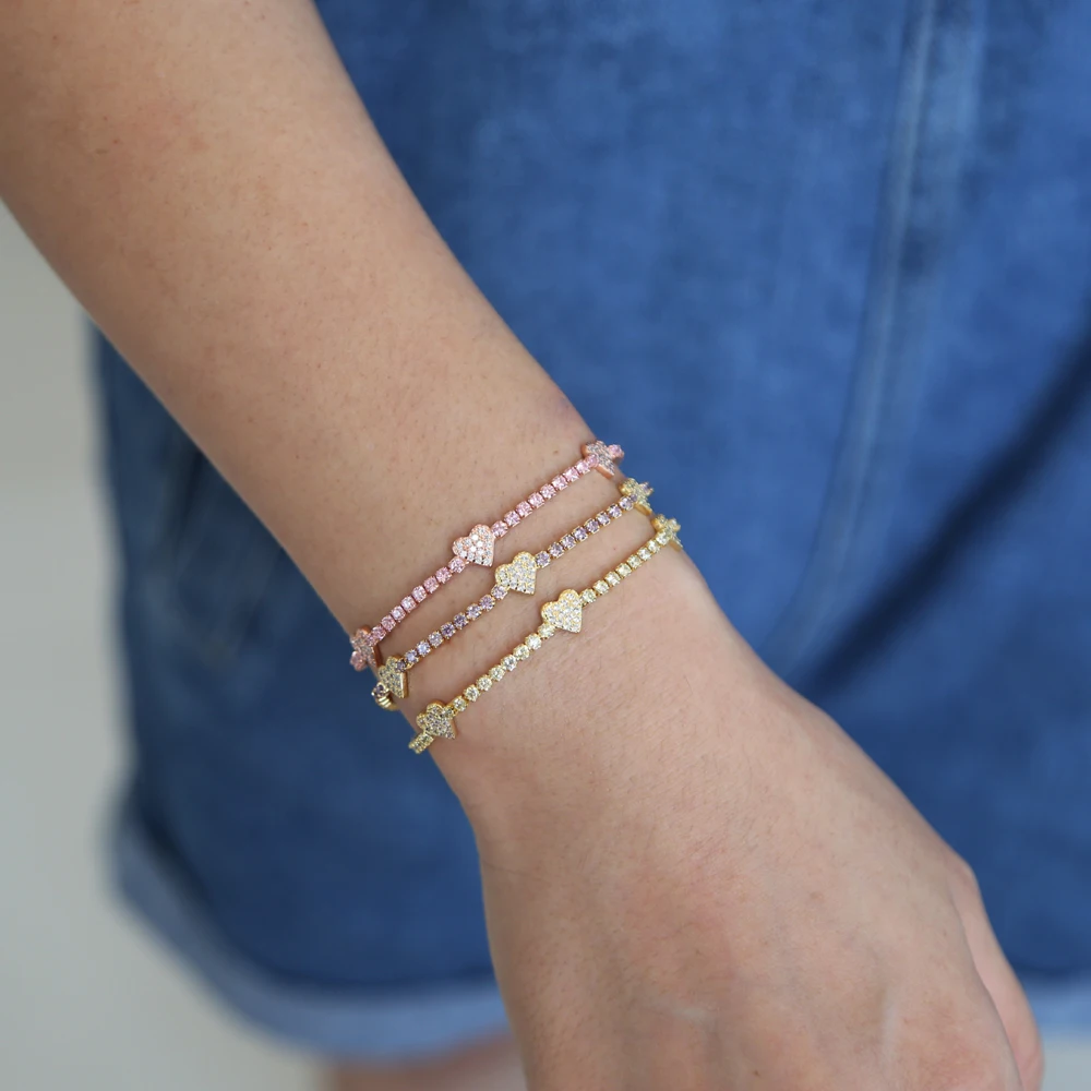 Pastel Color CZ Heart Charm Tennis Chain Bracelet Fashion Women Valentine\'s Gift Jewelry