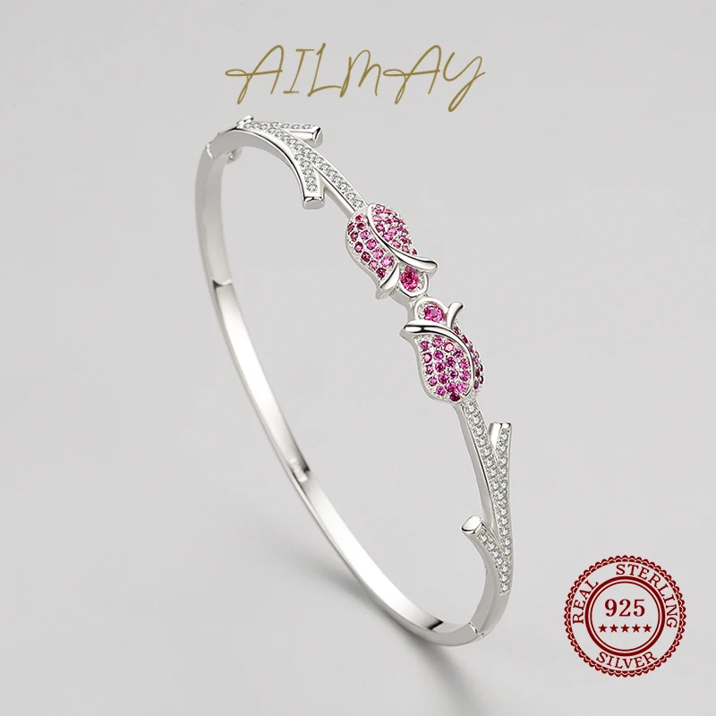 Ailmay autentyczne 925 Sterling Silver Fashion elegancka różowa przezroczysta cyrkonia Rose Flower bransoletki dla kobiet romantyczna biżuteria ślubna — zdjęcie 5