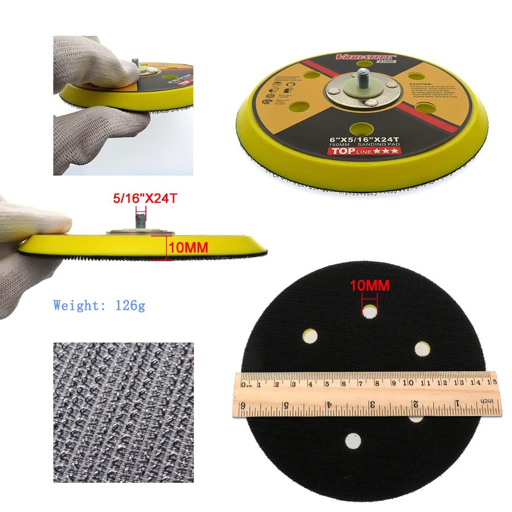 Almohadilla de lijado de respaldo de 6 pulgadas y 6 agujeros, almohadilla de respaldo de disco de lijado, herramientas abrasivas de gancho y bucle de rosca de 5/16 "-24 accesorios para amoladora